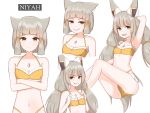  1girl anger_vein animal_ears arm_behind_head bikini cat_ears chest_jewel chirun0 dual_persona feet_out_of_frame flat_chest grin highres long_hair looking_at_viewer low_ponytail multiple_views navel niyah niyah_(blade) short_hair silver_hair smile spoilers swimsuit upper_body very_long_hair xenoblade_(series) xenoblade_2 yellow_bikini yellow_eyes 