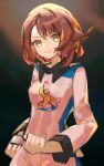  &gt;:) 1girl absurdres asatte_3z breasts brown_hair clenched_hands closed_mouth gloria_(pokemon) highres long_sleeves medium_breasts pokemon pokemon_swsh short_hair smile solo twitter_username v-shaped_eyebrows yellow_eyes 