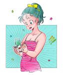  ! !! 1girl amachu_a aqua_eyes aqua_hair bow breasts bulma cleavage commentary dragon_ball dragon_ball_z dress emphasis_lines english_commentary forehead hair_bow holding open_mouth pink_dress ponytail scouter small_breasts smile solo spaghetti_strap star_(symbol) striped_clothes striped_dress upper_body yellow_bow 