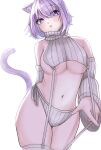  1girl :3 alternate_costume animal_ear_fluff animal_ears bare_shoulders blush breasts cat_ears cat_girl cat_tail covered_nipples cropped_sweater detached_sleeves garter_straps getsuya hair_between_eyes highres hololive large_breasts looking_at_viewer meme_attire navel nekomata_okayu panties purple_eyes purple_hair ribbed_panties ribbed_sleeves ribbed_sweater ribbed_thighhighs short_hair side-tie_panties simple_background sleeveless sleeveless_sweater sleeveless_turtleneck smile solo sweater tail thighhighs thighs turtleneck turtleneck_sweater underwear virgin_destroyer_sweater virtual_youtuber white_background white_garter_straps white_sweater 