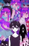  1girl 4boys :d aubrey_(headspace)_(omori) aubrey_(omori) back_turned basil_(headspace)_(omori) basil_(omori) black_eyes black_hair black_tank_top blue_dress blue_shirt cat colored_skin commentary_request dress flower head_wreath hero_(headspace)_(omori) hero_(omori) highres kel_(headspace)_(omori) kel_(omori) long_hair looking_at_viewer mewo multicolored_shirt multiple_boys omori omori_(omori) parted_lips pink_flower pink_hair pink_shirt profile purple_eyes purple_flower red_eyes shirt short_hair sideways_glance sleeveless sleeveless_shirt smile something_(omori) sparkle stuffed_eggplant sunny_(omori) takenaka_(takenaka1111) tank_top white_shirt white_skin 