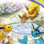  animal_focus black_eyes blue_skin bright_pupils brown_eyes brown_fur closed_mouth colored_skin day eevee evolutionary_line fins flareon flower highres hydrangea jolteon no_humans official_art open_mouth outdoors pokemon pokemon_(creature) puddle purple_eyes rainbow red_fur reflection smile two-tone_fur vaporeon water white_fur white_pupils yellow_fur 