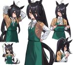  1girl adjusting_hair ahoge animal_ears apron black_hair brown_shirt coffee_mug commentary_request cup earrings green_apron highres holding holding_cup horse_ears horse_girl horse_tail jewelry kuronosu_(yamada1230) long_hair long_sleeves manhattan_cafe_(umamusume) mug official_alternate_costume official_alternate_hairstyle ponytail shirt simple_background single_earring smile tail umamusume very_long_hair white_background white_shirt 