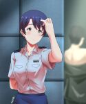  1girl absurdres arm_behind_back blue_hair blurry blurry_background brown_eyes hand_up highres honoka_suzunagi indoors military_uniform mutsuki_(mutsuki0110) short_hair short_sleeves solo_focus standing undressing uniform yuuki_bakuhatsu_bang_bravern 