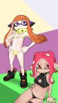  2girls :&lt; absurdres asha bikini black_bikini black_footwear blunt_bangs boots breasts cleavage closed_mouth commentary_request expressionless flat_chest full_body highres inkling_girl inkling_player_character long_hair looking_at_viewer medium_breasts multicolored_background multiple_girls navel open_mouth orange_eyes orange_hair pink_hair pointy_ears purple_eyes scarf sitting splatoon_(series) splatoon_2 standing swimsuit tan tentacle_hair yellow_bikini yellow_scarf 