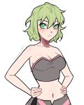  1girl alternate_hair_length alternate_hairstyle bare_arms bare_shoulders blush breasts byleth_(female)_(fire_emblem) byleth_(fire_emblem) cleavage collarbone commentary crop_top fire_emblem fire_emblem:_three_houses green_eyes green_hair grey_shirt hair_between_eyes highres looking_at_viewer medium_breasts midriff navel shirt short_hair smkittykat solo stomach strapless strapless_shirt upper_body 