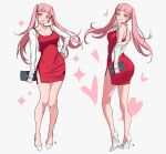  1girl ass breasts cropped_jacket dress earrings fire_emblem fire_emblem:_three_houses full_body grin hand_on_own_hip heart high_heels hilda_valentine_goneril jacket jewelry large_breasts long_hair looking_at_viewer multiple_views open_mouth pearl_earrings pink_eyes pink_hair pink_nails red_dress short_dress side_slit simple_background smile thighs twintails white_footwear white_jacket women&#039;s_wallet zedoraart 