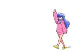 1girl arm_at_side arm_up bare_legs breasts calling double_bun hair_bun hair_ornament hair_ribbon hood hoodie long_hair long_sleeves looking_to_the_side open_mouth pink_eyes pink_hoodie purple_hair ranma_1/2 ribbon shampoo_(ranma_1/2) sidelocks slippers small_breasts wanta_(futoshi) waving_arm white_background yellow_footwear yellow_ribbon 