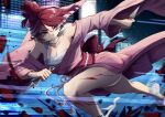  1girl bandaged_foot bandages bare_legs bare_shoulders breasts character_request chest_sarashi commentary copyright_request dual_wielding ear_piercing feet highres holding holding_weapon japanese_clothes kimono kunai laubun long_sleeves medium_breasts mouth_hold night obi off_shoulder piercing pink_kimono pink_sash red_eyes red_hair running sarashi sash short_hair solo thighs weapon wide_sleeves 