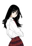  black_hair crossed_arms from_side green_eyes highres long_hair looking_at_viewer necktie original plaid plaid_skirt red_necktie red_skirt sakamoto_giulietta shirt simple_background skirt white_background white_shirt 