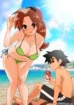  1boy 1girl ash_ketchum beach bent_over bikini black_hair black_male_swimwear borrowed_clothes breasts brown_eyes brown_hair can coffee-break covered_nipples delia_ketchum drink_can frown glaring green_bikini hand_on_own_knee highres large_breasts leaning_forward lens_flare male_swimwear mother_and_son ocean partially_shaded_face pokemon pokemon_(anime) side-tie_bikini_bottom sitting soda_can sun sunlight swim_trunks swimsuit teeth topless_male upper_teeth_only wet 