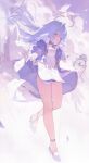  1girl above_clouds absurdres aged_down bird breasts choker clockie_(honkai:_star_rail) cloud dress floating floating_hair gloves grey_eyes halo high_heels highres honkai:_star_rail honkai_(series) looking_at_viewer medium_breasts parted_lips purple_choker purple_dress purple_hair purple_sleeves reaching reaching_towards_viewer robin_(honkai:_star_rail) short_sleeves sidelocks solo strapless strapless_dress two-tone_dress white_bird white_dress white_gloves white_wings wings zhishuixy 