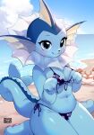  2024 4_fingers :3 ambiguous_gender anthro anthrofied artist_name beach belly bikini blue_eyes breasts clothed clothing cloud day detailed_background digital_media_(artwork) duo eeveelution eyebrows eyelashes feet female female_focus fingers generation_1_pokemon krabby looking_at_viewer navel nintendo outside pawpads pokemon pokemon_(species) pokemorph popodunk sand sky smile smiling_at_viewer solo_focus swimwear thick_thighs toes vaporeon water 