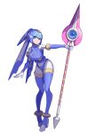  1girl armor blue_armor blue_eyes blue_footwear blue_helmet boots breasts espantoso_aho fairy_leviathan_(mega_man) fins forehead_jewel full_body head_fins highres holding holding_polearm holding_weapon large_breasts looking_at_viewer mega_man_(series) mega_man_zero_(series) polearm simple_background smile solo spear thigh_boots weapon white_background 