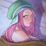  1girl anti-eyebrow_piercing brown_jacket camisole close-up english_commentary green_hat hat highres jacket jewelry_bonney long_hair looking_at_viewer mygiorni off_shoulder one_piece pink_hair profile purple_eyes red_lips shadow solo upper_body white_camisole 