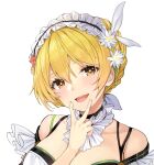  1girl :d arm_between_breasts between_breasts blonde_hair breasts close-up commentary_request dreamlight2000 flower flower_knight_girl hair_flower hair_ornament maid_headdress short_hair simple_background smile solo suiren_(flower_knight_girl) symbol-shaped_pupils white_background yellow_eyes 
