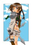  1990s_(style) 1girl amano_yo-ki armor arms_at_sides ass bare_back black_gloves blue_sky border brown_eyes brown_hair brown_shorts chest_harness closed_mouth clothes_pull cloud cropped_sweater cumulonimbus_cloud elbow_gloves expressionless feet_out_of_frame final_fantasy final_fantasy_vii fingerless_gloves fishnet_gloves fishnet_thighhighs fishnets floating_clothes forehead_protector from_behind gloves green_sweater harness headband holding holding_weapon huge_weapon looking_at_viewer looking_back non-web_source outdoors outside_border panties pauldrons red_panties retro_artstyle short_hair short_shorts shorts shorts_pull shoulder_armor shuriken single_bare_shoulder single_pauldron single_thighhigh sky sleeveless sleeveless_turtleneck solo standing sweater thighhighs thong turtleneck turtleneck_sweater underwear weapon white_border wind yuffie_kisaragi 