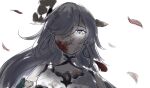  1girl bare_shoulders blood blood_on_face blue_eyes closed_mouth commentary dress fu_hua fu_hua_(azure_empyrea) glowing glowing_eye grey_hair h3_hk hair_over_one_eye highres honkai_(series) honkai_impact_3rd long_hair looking_at_viewer petals simple_background sketch sleeveless sleeveless_dress solo upper_body white_background white_dress 