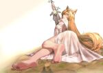  1girl animal_ears arknights ass bare_legs barefoot blonde_hair claymore_(sword) feet flower foot_focus highres holding holding_sword holding_weapon horn_(arknights) horn_(to_effloresce_whitely)_(arknights) knees_together_feet_apart legs light_rays looking_at_viewer looking_back lying on_floor on_side soles solo sword toes weapon wide_hips wolf_ears wolf_girl yamauchi_(conan-comy) 