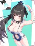  1girl ass bare_shoulders black_hair blunt_bangs blush breasts bright_pupils brown_eyes drone electricity eve_(stellar_blade) frilled_one-piece_swimsuit frills highres holiday_(pangjelly) large_breasts long_hair looking_at_viewer one-piece_swimsuit ponytail skin_tight solo stellar_blade swimsuit taking_picture thighs very_long_hair 