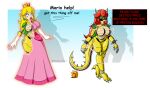 2024 2_horns 5_fingers anthro barefoot big_breasts black_sclera blonde_hair blue_eyes breasts claws clothing corruption crown dialogue digital_drawing_(artwork) digital_media_(artwork) english_text featureless_breasts feet female fingers flashpointgear hair headgear hi_res horn human koopa machine mammal mario_bros mind_control nintendo princess_peach red_hair robot robotization scalie simple_background smile solo spikes tail text transformation