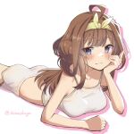  1girl alternate_costume breasts brown_hair casual_one-piece_swimsuit commentary_request crop_top dolphin_shorts double_bun grey_eyes hair_bun hair_ribbon hand_on_own_cheek hand_on_own_face highres kantai_collection kongou_(kancolle) liking long_hair lying medium_breasts midriff on_stomach one-piece_swimsuit ribbon shorts solo swimsuit white_background white_shorts yellow_ribbon 