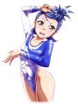  1girl asaoka_minami athletic_leotard blue_hair breasts brown_eyes collarbone commentary_request commission gymnastics highleg highleg_leotard highres jewelpet jewelpet_(series) kagyu_dd leotard open_mouth short_hair simple_background small_breasts solo standing topknot two-tone_leotard white_background 