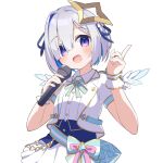  1girl amane_kanata angel_wings asymmetrical_bangs asymmetrical_hair blue_hair blue_wings blush bob_cut bow bowtie colored_inner_hair commentary corset feathered_wings fragir gradient_wings grey_hair hair_over_one_eye halo hands_up highres holding holding_microphone hololive hololive_idol_uniform_(bright) idol idol_clothes index_finger_raised jacket looking_at_viewer microphone mini_wings multicolored_hair multicolored_wings official_alternate_costume open_mouth pink_hair puffy_short_sleeves puffy_sleeves purple_eyes shirt short_hair short_sleeves sidelocks simple_background single_hair_intake skirt smile solo star_halo streaked_hair transparent_background upper_body virtual_youtuber waist_bow white_jacket white_shirt white_skirt white_wings wings yellow_halo 