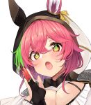  1girl :o black_gloves blush breasts cleavage close-up commentary_request cross-shaped_pupils crossed_bangs dreamlight2000 ears_through_hood flower_knight_girl gloves green_hair hood kangaroo_ears kangaroo_girl kangaroo_paws_(flower_knight_girl) multicolored_hair orange_eyes partially_fingerless_gloves pink_hair simple_background solo streaked_hair symbol-shaped_pupils upper_body white_background 