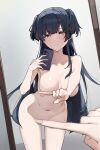  1girl absurdres armpits artistic_error black_hair breasts cellphone collarbone completely_nude female_pov fingernails full-length_mirror groin highres holding holding_phone idolmaster idolmaster_shiny_colors kinoshita_(user_wzdt8223) leaning_forward light_smile long_hair looking_at_viewer mayuzumi_fuyuko medium_breasts meme mirror navel nude one_finger_selfie_challenge_(meme) phone pov pov_hands pussy pussy_peek selfie solo stomach two_side_up very_long_hair yellow_eyes 