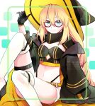  1girl adjusting_clothes adjusting_headwear aesc_(fate) aesc_(rain_witch)_(fate) belt black_coat black_gloves black_jacket blonde_hair blue_eyes boots bow braid breasts cleavage coat crop_top fate/grand_order fate_(series) feet_out_of_frame gloves hat highleg highleg_panties jacket kbgt long_hair looking_at_viewer low_twin_braids navel open_clothes open_jacket orange_belt panties red-framed_eyewear short_shorts shorts sidelocks sitting solo takiji_(micco) twin_braids underwear white_footwear white_shorts wide_brim witch_hat 