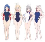  4girls absurdres ahoge blonde_hair blue_one-piece_swimsuit brown_eyes green_eyes grey_eyes grey_hair hair_ornament highres iowa_(kancolle) kantai_collection massachusetts_(kancolle) multicolored_hair multiple_girls noruren one-piece_swimsuit pink_hair red_eyes simple_background south_dakota_(kancolle) star_(symbol) star_hair_ornament swimsuit two-tone_hair washington_(kancolle) white_background white_one-piece_swimsuit 