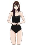  1girl black_one-piece_swimsuit brown_hair collarbone green_eyes highres long_hair looking_at_viewer one-piece_swimsuit original sakamoto_giulietta simple_background solo standing straight-on swimsuit white_background 