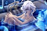  1girl ahoge bathtub blue_eyes bubble commentary faucet furina_(genshin_impact) genshin_impact hair_intakes knees_up laubun nude parted_lips partially_submerged short_hair sitting solo water white_hair 