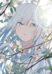  1girl absurdres blurry blurry_background blurry_foreground branch day flower grey_hair grey_sailor_collar highres lens_flare long_hair original outdoors rinzawa sailor_collar school_uniform serafuku solo upper_body 