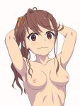  1girl 22/7 arms_behind_head arms_up blush breasts brown_eyes brown_hair collarbone completely_nude depa_mi highres long_hair looking_at_viewer medium_breasts nipples nude ponytail ribs side_ponytail simple_background smile solo toda_jun white_background 