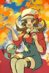  1girl :d asatte_3z autumn_leaves blue_overalls bow breasts brown_hair cabbie_hat hands_up hat hat_bow highres long_hair lyra_(pokemon) medium_breasts open_mouth orange_eyes overalls pokemon pokemon_(creature) pokemon_hgss red_bow sitting sleeves_past_elbows smile teeth thighhighs twintails upper_teeth_only white_hat white_thighhighs wooper 