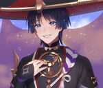  1boy black_gauntlets black_shirt blue_hair blurry blurry_background bright_pupils choker cloud gauntlets genshin_impact grin hand_on_own_chest hand_up hat highres jingasa lavelis layered_clothes looking_up mandarin_collar portrait purple_background purple_eyes raised_eyebrows scaramouche_(genshin_impact) shiny_eyes shirt short_hair short_sleeves smile solo sparkle tassel white_pupils 