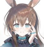  1girl absurdres amiya_(arknights) animal_ears arknights arm_up bespectacled blue_eyes blush brown_hair close-up commentary glasses grin hair_between_eyes hair_intakes hand_on_own_face highres jewelry long_hair long_sleeves looking_at_viewer portrait rabbit_ears rabbit_girl ring round_eyewear simple_background smile solo white_background xing_(gloryxing) 