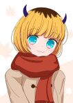  1girl blonde_hair blue_eyes closed_mouth coat highres horns looking_at_viewer memcho nm_(blue-rapid) oshi_no_ko scarf simple_background smile solo 