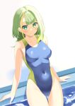  1girl a.i._voice blonde_hair blue_one-piece_swimsuit breasts competition_swimsuit covered_navel green_eyes green_hair highres looking_at_viewer medium_breasts medium_hair minase_nagi multicolored_hair one-piece_swimsuit poolside solo streaked_hair swimsuit tsunose_kotone two-tone_swimsuit water 