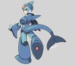  1boy armor artist_name blue_armor blue_helmet blue_tail cetacean_tail fins fish_tail forehead_jewel from_behind full_body green_eyes grey_background head_fins helmet highres kuwagata_mura looking_at_viewer looking_back male_focus mega_man_(series) mega_man_x_(series) simple_background solo tail x_(mega_man) 