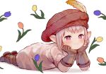  1girl beret brown_gloves brown_pants elbow_gloves elbow_rest final_fantasy final_fantasy_xiv fingerless_gloves flower full_body gloves hands_on_own_cheeks hands_on_own_face hat hat_feather jacket lalafell looking_at_viewer lying mugi_kosuta on_stomach orange_flower orange_tulip pants pink_eyes pink_hair pink_jacket pointy_ears purple_flower purple_tulip red_footwear red_hat shoes short_hair simple_background smile solo tataru_taru tulip white_background yellow_flower yellow_tulip 