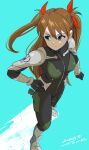  1girl absurdres armor blue_eyes bodysuit breasts brown_hair cosplay eva_(metal_gear) eva_(metal_gear)_(cosplay) highres kaijuu_no._8 long_hair metal_gear_(series) metal_gear_solid metal_gear_solid_3:_snake_eater neon_genesis_evangelion plugsuit simple_background solo souryuu_asuka_langley tsunemoku two_side_up 