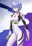  1girl absurdres ayanami_rei blue_hair bodysuit breasts closed_mouth commentary cowboy_shot curled_fingers expressionless eyelashes gloves gradient_background highres interface_headset looking_at_viewer neon_genesis_evangelion pilot_suit plugsuit purple_background red_eyes short_hair skin_tight small_breasts solo standing tomo115 white_background white_bodysuit white_gloves 