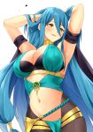  1girl absurdres alternate_breast_size alternate_costume armpits azura_(fire_emblem) black_pantyhose blue_hair blush breasts brown_eyes cleavage commentary commission cosplay dorothea_arnault dorothea_arnault_(cosplay) dorothea_arnault_(plegian) dorothea_arnault_(plegian)_(cosplay) english_commentary fire_emblem fire_emblem_fates fire_emblem_heroes hair_between_eyes hair_tubes hands_in_hair highres igni_tion large_breasts long_hair looking_at_viewer navel pantyhose pelvic_curtain second-party_source simple_background smile solo stomach very_long_hair white_background 
