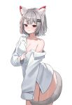  1girl animal_ear_fluff animal_ears blush breasts cat_ears cat_girl cat_tail grey_hair highres long_sleeves looking_at_viewer medium_breasts multicolored_hair naked_shirt nannung neneko_mashiro no_pants off_shoulder partially_unbuttoned red_hair shirt short_hair simple_background sleeves_past_fingers sleeves_past_wrists stellive streaked_hair tail two-tone_hair virtual_youtuber white_background white_shirt 