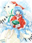  1girl :d barefoot bear blue_eyes blue_hair dated dress gift hat highres hisin long_hair looking_at_viewer merry_christmas open_mouth polar_bear red_dress santa_costume santa_hat signature smile solo tareme toes ursula_(xenoblade) xenoblade_chronicles_(series) xenoblade_chronicles_2 