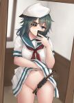  1girl absurdres ass_visible_through_thighs blush cellphone closed_mouth cowboy_shot eyepatch green_eyes green_hair green_sailor_collar hat highres holding holding_phone k_jie kantai_collection kiso_(kancolle) neckerchief no_panties peaked_cap phone pleated_skirt red_neckerchief sailor_collar short_hair short_sleeves skirt smartphone solo white_hat white_skirt 