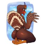 absurd_res anthro avian beak bird brown_body brown_feathers butt curled_hair fan_tail feathers female galliform hair hi_res makeup pathesis phasianid scuted_feet scutes solo turkey wings